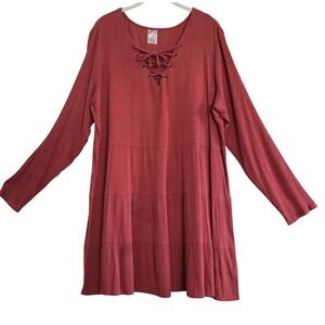 No Boundaries, Terracotta, Lace Up, Long Sleeve, Boho Tiered Mini Dress XXL 19